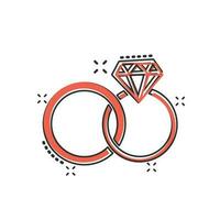 bague de fiançailles de dessin animé de vecteur avec l'icône de diamant dans le style comique. pictogramme d'illustration de bague de bijoux de mariage. concept d'effet d'éclaboussure d'affaires de relation romantique.