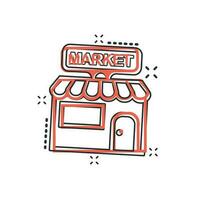 icône de marché de magasin de dessin animé de vecteur dans le style comique. pictogramme d'illustration de signe de bâtiment de magasin. concept d'effet d'éclaboussure d'entreprise de centre commercial.