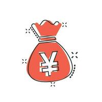 yen de dessin animé de vecteur, icône de devise d'argent de sac de yuan dans le style comique. pictogramme d'illustration de concept de sac de pièces de monnaie yen. concept d'effet d'éclaboussure d'affaires d'argent en asie. vecteur