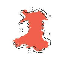 icône de carte de pays de galles de dessin animé de vecteur dans le style comique. Pays de Galles signe pictogramme d'illustration. carte de cartographie concept d'effet d'éclaboussure d'entreprise.