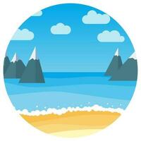 vecteur paysage avec été plage et rochers dans cercle. vagues de le sablonneux plage, bleu ciel et mer. paysage vecteur illustration.