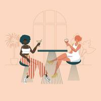 content femelle copains du repos dans le café et parler à propos quelque chose. deux femmes dépenses temps ensemble à café Pause. plat vecteur illustration