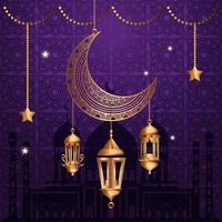 affiche du ramadan kareem avec lune et lanternes suspendues vecteur