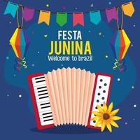 affiche festa junina avec accordéon et icônes traditionnelles vecteur