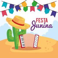 affiche festa junina avec accordéon et icônes traditionnelles vecteur