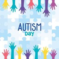 journée mondiale de l'autisme avec les mains en arrière-plan de pièces de puzzle vecteur