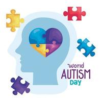 journée mondiale de l'autisme avec silhouette de tête et pièces de puzzle vecteur