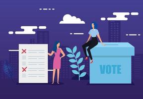 affiche de vote avec des gens d'affaires et des icônes vecteur