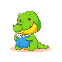 mignonne crocodile en train de lire livre dessin animé personnage sur blanc Contexte vecteur illustration. marrant alligator prédateur vert adorable animal concept conception.