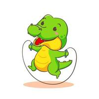 mignonne crocodile en jouant sauter corde dessin animé personnage sur blanc Contexte vecteur illustration. marrant alligator prédateur vert adorable animal sport concept conception.