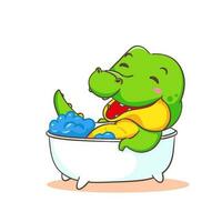 mignonne crocodile baignade dans baignoire dessin animé personnage sur blanc Contexte vecteur illustration. marrant alligator prédateur vert adorable animal concept conception.