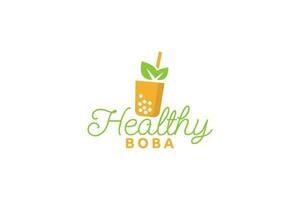 en bonne santé boba logo avec une combinaison de une verre de boba boisson et Frais feuilles. vecteur