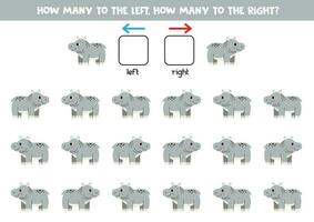 la gauche ou droite avec mignonne dessin animé hippopotame. logique feuille de travail pour enfants d'âge préscolaire. vecteur