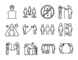épidémie de prévention de la distanciation sociale du coronavirus covid 19 propagation jeu d'icônes de style de ligne vectorielle vecteur