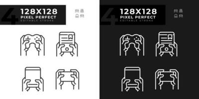 mains avec amusant gadgets pixel parfait linéaire Icônes ensemble pour sombre, lumière mode. numérique dispositifs pour divertissement. mince ligne symboles pour nuit, journée thème. isolé illustrations. modifiable accident vasculaire cérébral vecteur