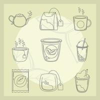 thé à base de plantes bouilloire produit pack feuilles tasses et icônes de sucre style de ligne vecteur