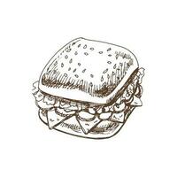 main tiré vecteur esquisser de une pièce de sandwich avec légumes, fromage, Viande. griffonnage ancien illustration. décorations pour le menu de les cafés et Étiquettes. gravé image.