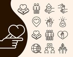 communauté ensemble don de charité et jeu d'icônes de ligne d'amour vecteur