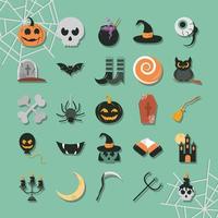 joyeux halloween trick or treat fête célébration citrouille crâne chapeau oeil chauve-souris lune icônes plates ensemble vecteur