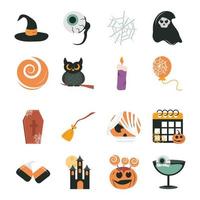 joyeux halloween trick or treat fête célébration oeil effrayant toile d'araignée bougie chat château citrouille plat icons set vecteur