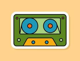 vecteur rétro l'audio cassette autocollant isolé sur Jaune Contexte. Années 70 style dessin animé icône avec blanc contour