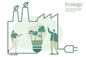 solaire panneau dans lumière ampoule avec contour vert usine, ville la vie écologie concept la nature préservation sur Terre, environnement avec durable, vecteur conception illustration.