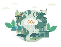 gens se soucie à propos écologie et environnement, en utilisant nettoyer énergie, avertissement à propos CO2 émission, durable environnement gestion. climat changement problème concept. vecteur