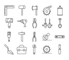 outils, réparation, entretien, équipement construction, icônes, ensemble, ligne style, icône vecteur