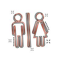 wc de dessin animé de vecteur, icône de toilette dans le style comique. pictogramme d'illustration de signe de toilettes hommes et femmes. concept d'effet d'éclaboussure d'entreprise wc. vecteur