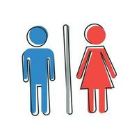 wc de dessin animé de vecteur, icône de toilette dans le style comique. pictogramme d'illustration de signe de toilettes hommes et femmes. concept d'effet d'éclaboussure d'entreprise wc. vecteur