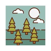 paysage nature forêt pins ciel dessin animé ligne remplie couleurs plates vecteur