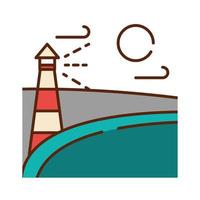 paysage phare maritime mer ciel nature dessin animé ligne remplie couleurs plates vecteur
