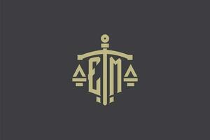 lettre em logo pour loi Bureau et avocat avec Créatif échelle et épée icône conception vecteur