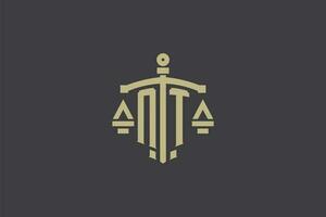lettre NT logo pour loi Bureau et avocat avec Créatif échelle et épée icône conception vecteur