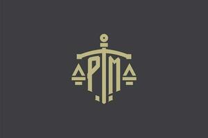 lettre pm logo pour loi Bureau et avocat avec Créatif échelle et épée icône conception vecteur