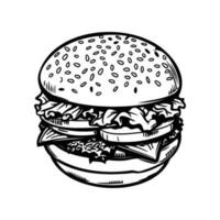 Hamburger main tiré vecteur illustration esquisser rétro style, délicieux ancien gravure nourriture conception. américain Burger vecteur Hamburger ancien style isolé sur blanc