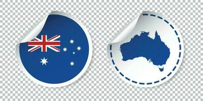 Australie autocollant avec drapeau et carte. étiqueter, rond étiquette avec pays. vecteur illustration sur isolé Contexte.