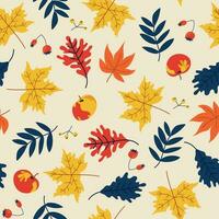 sans couture modèle avec l'automne feuilles dans orange, beige, Jaune et bleu. idéal pour fond d'écran, cadeau papier, modèle remplir, la toile page Contexte vecteur