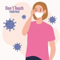 ne touchez pas votre visage, femme portant un masque facial, évitez de toucher votre visage, prévention du coronavirus covid19 vecteur