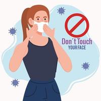 ne touchez pas votre visage, jeune femme utilisant un masque facial, évitez de toucher votre visage, prévention du coronavirus covid19 vecteur