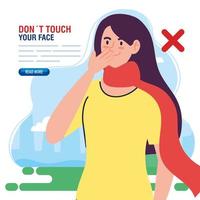 ne touchez pas votre visage, femme avec écharpe en plein air, évitez de toucher votre visage, prévention coronavirus covid19 vecteur