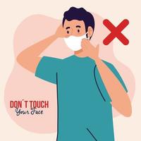 ne touchez pas votre visage, jeune homme portant un masque facial, évitez de vous toucher le visage, prévention du coronavirus covid19 vecteur