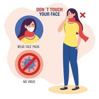 ne touchez pas votre visage, femme utilisant un foulard avec particule de covid19 en signal interdit, évitez de vous toucher le visage, prévention du coronavirus covid19 vecteur