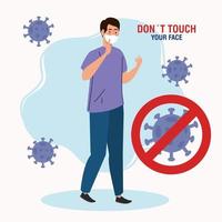 ne touchez pas votre visage, homme utilisant une protection respiratoire, évitez de vous toucher le visage, prévention du coronavirus covid19 vecteur