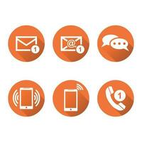 contact boutons ensemble Icônes. e-mail, enveloppe, téléphone, mobile. vecteur illustration dans plat style sur rond Orange Contexte avec ombre.