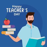 bonne journée des enseignants, enseignant homme avec livres et pomme vecteur