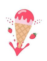la glace crème fraise cône dessert. laitier produit avec Frais et mûr fraise. vecteur illustration.