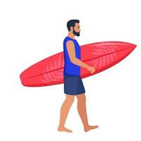 Jeune homme des promenades avec une planche de surf vers le mer. vecteur illustration.