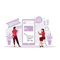 deux femmes sont séance et debout, ouverture smartphone, et ouverture un en ligne vente au détail affaires omni canal application. tendance moderne vecteur plat illustration.