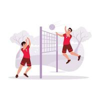 deux volley-ball joueurs étaient en jouant professionnellement dans une jeu. tendance moderne vecteur plat illustration.